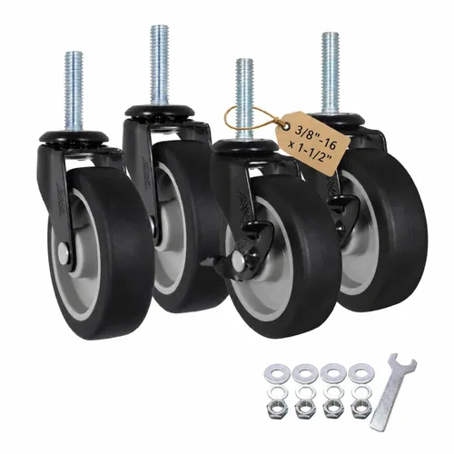 Vista 17 de AXL Juego de 4 ruedas giratorias de 3 pulgadas, ruedas giratorias de vástago roscado de 3/8 a 16 x 1 con frenos, reemplazo silencioso de PVC