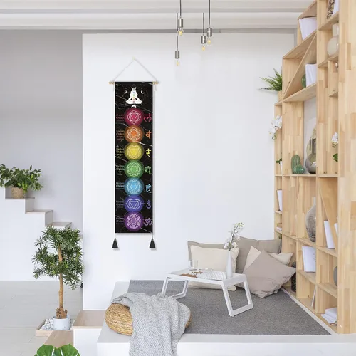 Vista 5 de DigiTizerArt Póster colgante en lienzo para meditación, 7 chakras y yoga, pintura tapiz colgante de pared blanco y negro 13.0 x 53.1 in (negro)