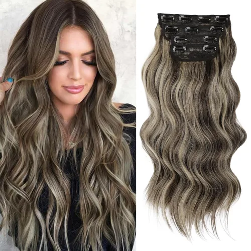 Vista 22 de Extensiones de cabello con clip de Vigorous de 20 pulgadas, con reflejos rubio playa, extensiones de cabello ondulado largo y suave de cabello