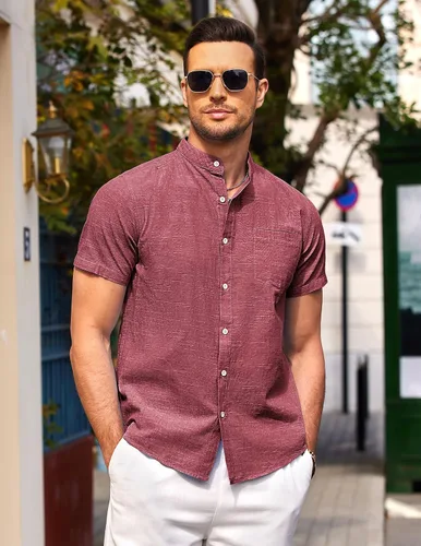 Vista 3 de COOFANDY Camisa de playa con cuello de banda para hombre, camisas de manga corta con botones casuales de lino y algodón