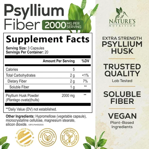 Vista 2 de Polvo de cáscara de psyllium de 2000 mg por porción, suplemento de fibra de psyllium extra fuerte, píldoras de fibra soluble natural, apoya
