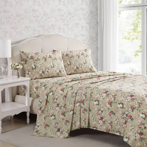 Vista 2 de Laura Ashley - Sábanas tamaño King, juego de ropa de cama de percal de algodón, ligeras y transpirables para decoración del hogar