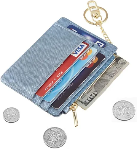 Vista 2 de Sodsay Estuche para tarjetas, cartera delgada con bolsillo frontal, para mujer, sujetatarjetas con llavero