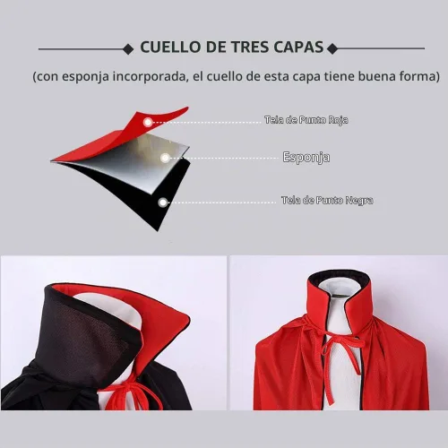 Vista 2 de Capa de vampiro de Halloween, capa reversible de 55 pulgadas con dientes y orejas de vampiro, disfraz de mago de doble capa para mujeres y hombres