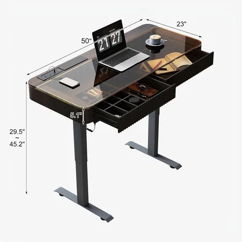 Vista 2 de Lartis Escritorio de oficina, mesa elevadora eléctrica para computadora, escritorio de pie con cajón de carga, puerto USB, mesa para computadora