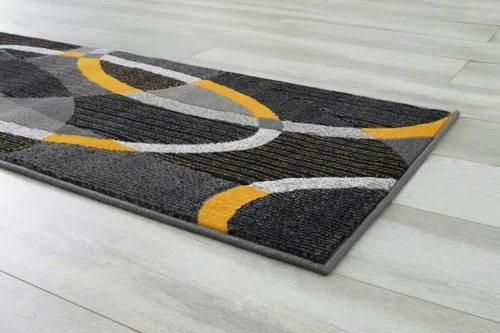 Vista 5 de Swirls Circles - Alfombra abstracta moderna de color amarillo, gris, negro (2 pies x 7 pies)