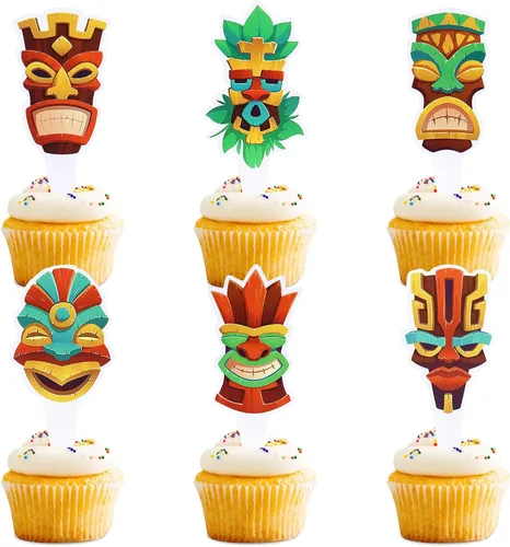 Vista 16 de Ercadio Paquete de 24 adornos para tartas de flamencos hawaianos con purpurina rosa, flamencos Luau, decoración hawaiana tropical de verano, Aloha