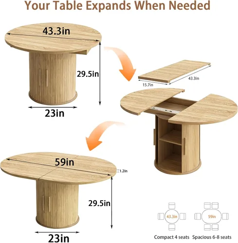 Vista 2 de Mesa de comedor redonda extensible de 43.3-59 pulgadas para 4-6-8, puerta corredera de madera estriada, mesa de cocina ovalada moderna, base