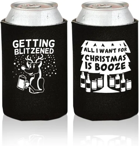 Vista 4 de Enfriadores de latas de cerveza divertidos de Navidad, paquete de 12 soportes para bebidas para hombres, regalos de broma para fiestas de Navidad