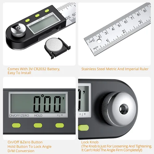 Vista 2 de Neoteck Regla transportadora de buscador de ángulo digital de acero inoxidable de 12 pulgadas/11.8 in con función de retención de datos