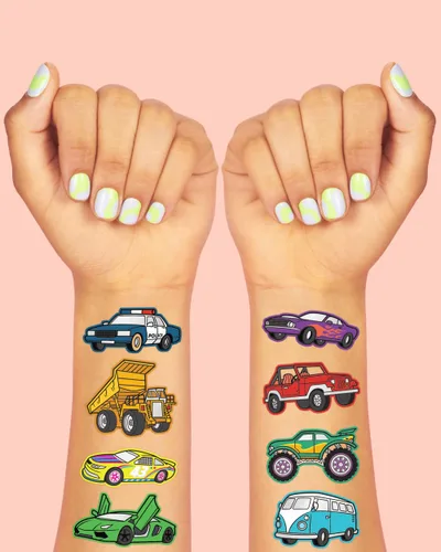 Vista 3 de xo, Fetti Tatuajes temporales de autos y camiones para niños, estilo 42, suministros de fiesta de cumpleaños, recuerdos de fiesta de autos