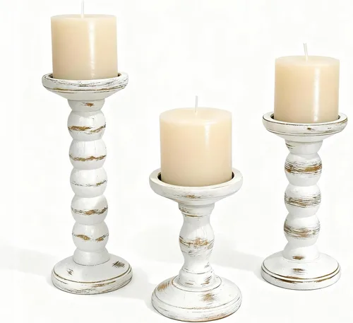 Vista 7 de Portavelas de madera, 3 piezas Portavelas rústicos blancos para velas de pilar, Portavelas decorativos de madera maciza Portavelas de madera