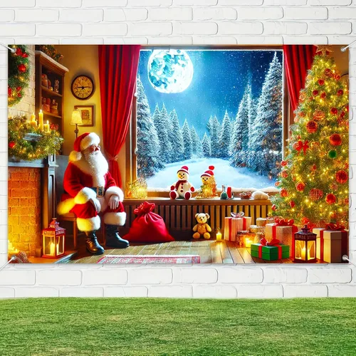 Vista 4 de BlissYard Pancarta Navideña para Ventana 71x43 Pulgadas Telón de Fondo de Noche Nevada con Chimenea de Santa, Árbol, Regalos, Farol, Cortina Roja