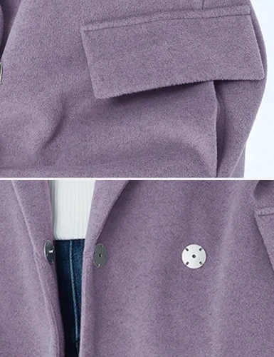 Vista 3 de Gabardinas para mujer, cuello de solapa, abrigo de lana de color sólido, abrigo de un solo pecho para mujer