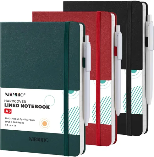 Vista 11 de Paquete de 3 cuadernos rayados con bolígrafo, cuadernos A5 (5.7 x 8.4 pulgadas) de tapa dura de cuero para mujeres y hombres, trabajo, 160 páginas