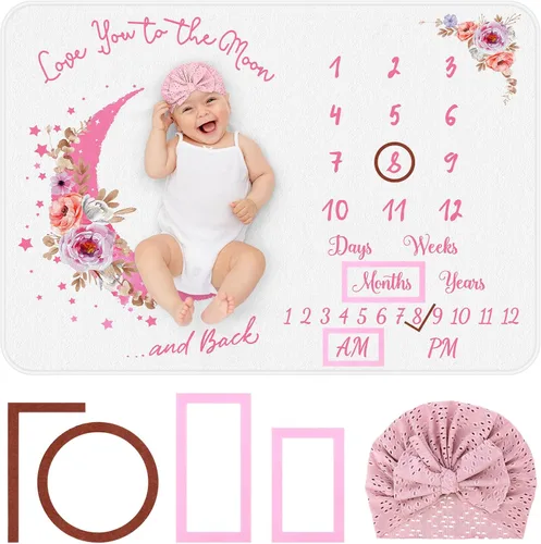 Vista 9 de Manta mensual de hitos para bebé, 51 x 40 pulgadas, manta de regalo para baby shower, manta de felpa suave para niños y niñas, mantas unisex