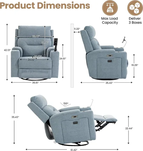 Vista 2 de Silla reclinable giratoria eléctrica con reposacabezas y lumbar ajustables, mecedoras eléctricas para cuarto de bebé con espacio de almacenamiento
