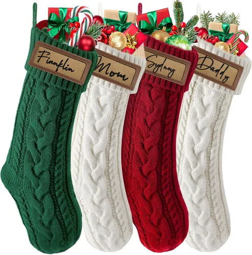 Vista 13 de steo spce Paquete de 4 medias de Navidad personalizadas con parches de cuero, medias de Navidad personalizadas con nombre, medias de Navidad