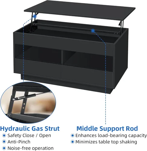 Vista 7 de HOMMPA Morden - Mesa de centro LED de 40 pulgadas con tapa elevable, color negro brillante, con almacenamiento oculto, sala de estar, mesa de té