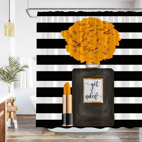 Vista 5 de Cortina de ducha negra con diseño de flores para niña, mujer, pintalabios, encantadora decoración de baño, juego de baño con gancho, 36 pulgadas