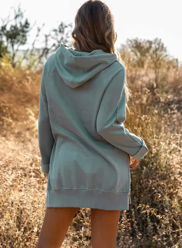 Vista 4 de La Chilly Sudadera con capucha de gran tamaño para mujer, casual, larga, dobladillo con abertura alta, con bolsillo tipo canguro