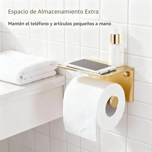 Vista 6 de Youda - Soporte de papel higiénico dorado con soporte de pared para estante, autoadhesivo o montaje con tornillo, aluminio inoxidable, se adapta a