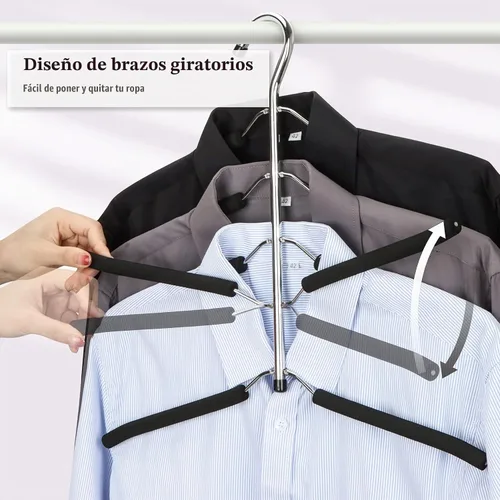 Vista 4 de Perchas de ropa que ahorran espacio, 2 paquetes de brazo oscilante antideslizante acolchado percha de 5 capas de acero inoxidable resistente suéter
