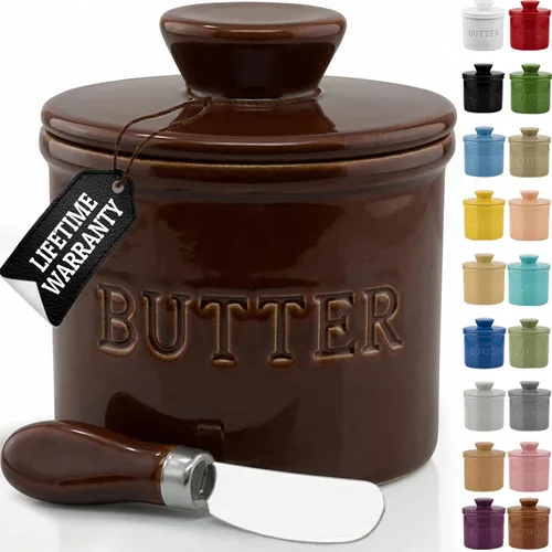 Vista 37 de Priority Chef Mantequilla grande con tapa con línea de agua, plato de mantequilla francesa de cerámica para dejar en el mostrador, color negro