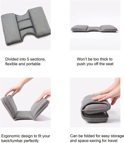 Vista 5 de Almohada de apoyo lumbar para automóvil, diseño ergonómico con 5 secciones ideal para conducción larga, funda de malla 3D transpirable y correa
