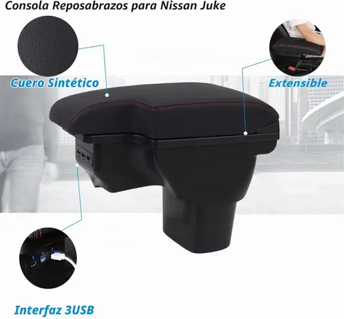 Vista 4 de Consolas Apoyabrazos para Nissan Juke 2010-2017 Caja de consola central reposabrazos caja con carga USB costuras negras