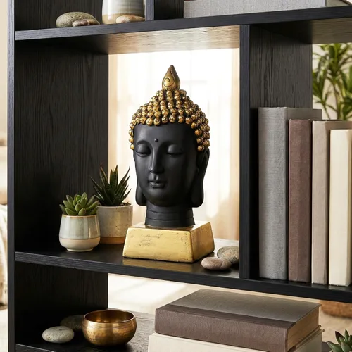 Vista 6 de Seraphic Estatua de cabeza de Buda para decoración del hogar o al aire libre, dorada, 13 pulgadas de alto