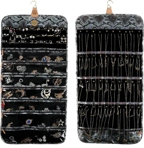 Vista 17 de Angelina's Palace Tenby Jewelry - Organizador de doble cara para colgar en el armario, rollo de almacenamiento de joyas, 24 barras de anillos