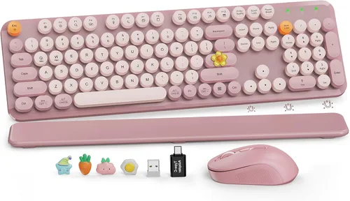Vista 20 de Combo de teclado y mouse inalámbricos, teclado retro con teclas redondas, teclado estilo máquina de escribir de tamaño completo con reposamuñecas