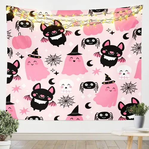 Vista 11 de Feelyou Halloween Wall Art for Bedroom Living Room Cartoon Ghost Tapestry Decoration for Kids Boys Girls Red Tapestry Wall Hanging Ghost Festival