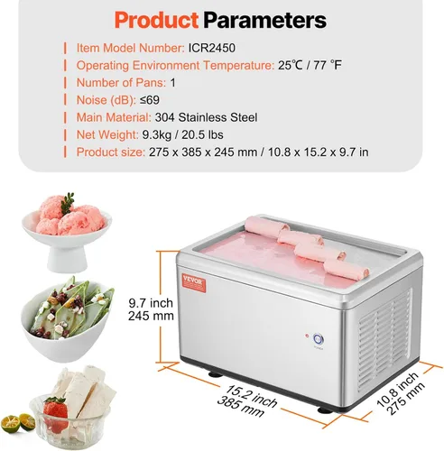Vista 7 de VEVOR Máquina de helado frito, 12.6" x 8.5", 120 W, máquina para hacer rollos de helado salteado con compresor y 2 raspadores, para hacer rollos