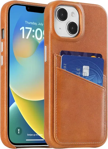 Vista 23 de LUCKYCOIN Funda de piel 100% auténtica tipo cartera para iPhone 13, diseño delgado con tarjetero y funda protectora a prueba de golpes, forro
