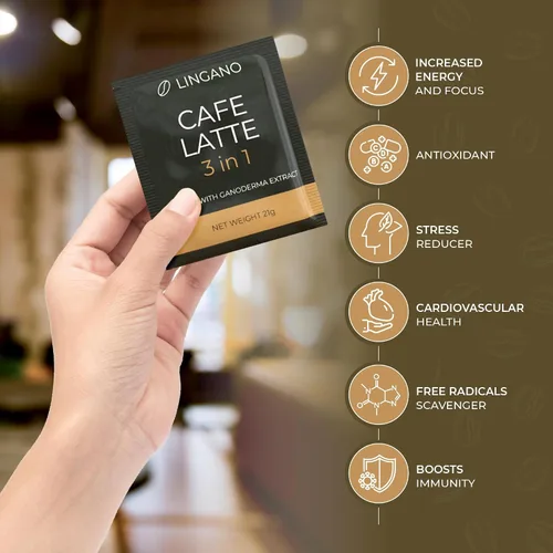 Vista 3 de Lingano Ganoderma Cafe Latte 3 en 1 - Café instantáneo de hongos Reishi - 20 sobres