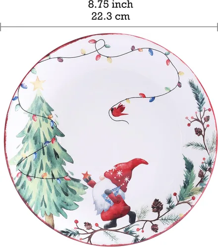 Vista 2 de Bico Juego de 4 platos de ensalada de gnomos de Navidad, platos de postre de cerámica de 8.75 pulgadas para ensalada, aperitivo, guarniciones