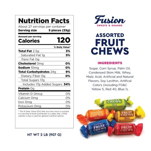 Vista 2 de Caramelos masticables de frutas, bolsa de 2 libras, envueltas individualmente, sin gluten Cherry, Lemon, Lime, Orange, Vanilla Flavors, Soft Chewy