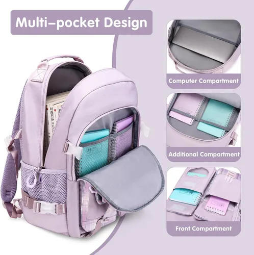 Vista 2 de Mochila para niñas - Mochila para libros, mochila escolar para niñas, niños, adolescentes, mujeres, casual, Púrpura, Mochilas escolares