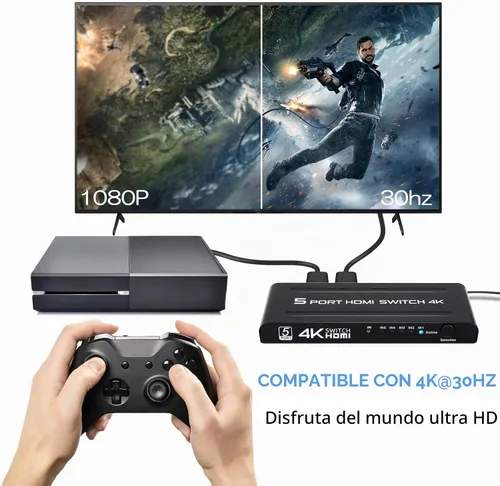 Vista 3 de Conmutador HDMI 4K 5 en 1 salida, caja selectora de conmutadores HDMI de 5 puertos con control remoto IR e interruptor automático, compatible