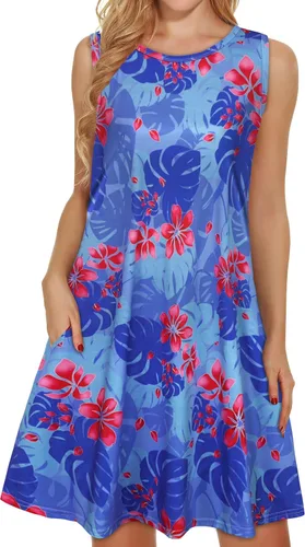 Vista 13 de elescat Vestidos de verano para mujer 2025, vestido casual de playa sin mangas con estampado floral, tipo camiseta, suelto y con bolsillos