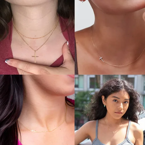 Vista 3 de Collar de cruz para mujeres y niñas, delicado chapado en oro de 14 quilates, gargantilla con dije de cruz que no se deslustra, impermeable, moderno