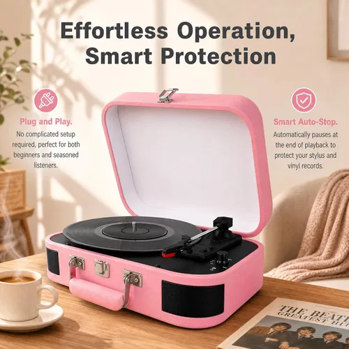 Vista 8 de Vintage Suitcase - Tocadiscos portátil Bluetooth de 3 velocidades con altavoces integrados, para discos de vinilo de 7/10/12 pulgadas (rosa)