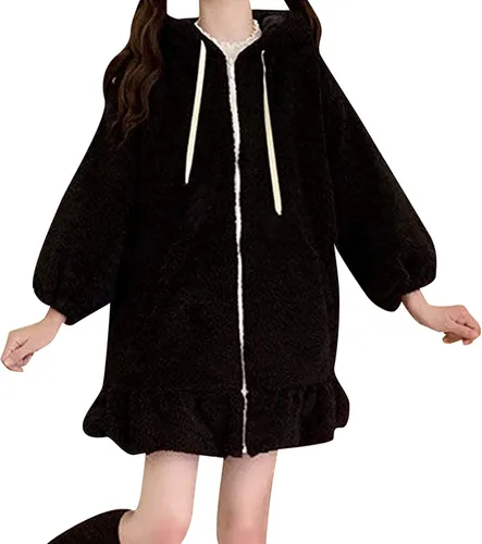 Vista 8 de Kingspinner Lolita Dress Kawaii - Abrigo de felpa suave con capucha para mujeres, adolescentes, niñas, orejas de conejo, manga larga, chaqueta suelta