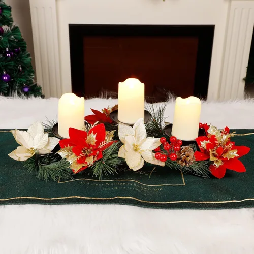 Vista 5 de FORUP Centro de Mesa de Navidad, Portavelas de Navidad, Centro de Mesa de Navidad con Poinsettia y 3 Velas Sin Llama, Candelabro Romántico