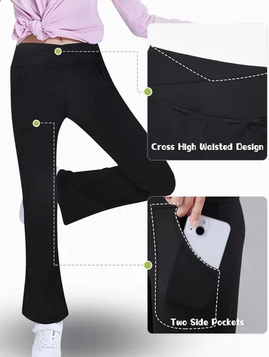 Vista 4 de Leggings para niñas, pantalones acampanados cruzados con bolsillos, color negro, suaves, elásticos, de cintura alta, para niños, yoga, danza