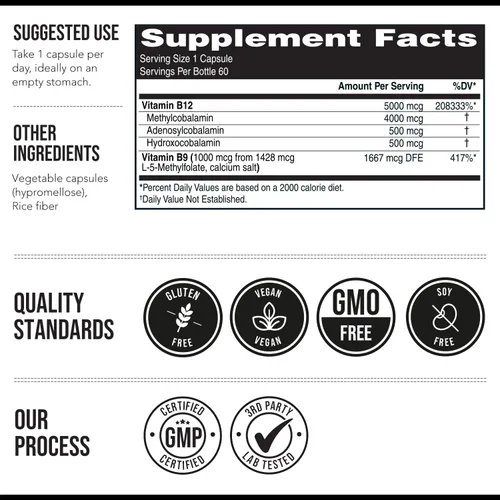 Vista 7 de Vitamina B12 BioActiva - 5000 mcg, Contiene 3 Formas BioActivas B12 Plus Cofactor Metilfolato - Metil B12, Adenosil B12 y Hidroxi B12 Apoya