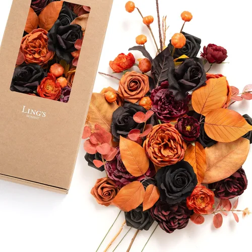 Vista 12 de Ling's moment Caja de Flores Falsas, Tallos de Vegetación Artificial Falsa Rosas de Espuma Dalia Hortensia de Seda Peonía Flor de Tela para Centros