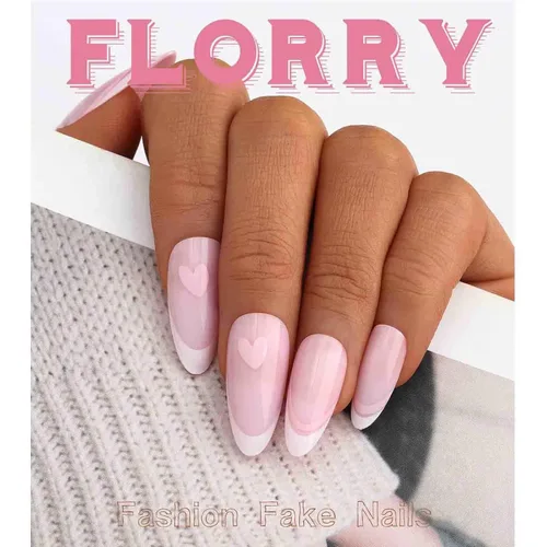 Vista 2 de Florry Uñas postizas cortas a presión para el día de San Valentín, uñas postizas cortas con corazón rosa para mujer, uñas postizas de almendra